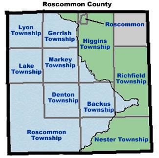 Map of Roscommon County municipalities overlaid with Muskegon River watershed boundaries.